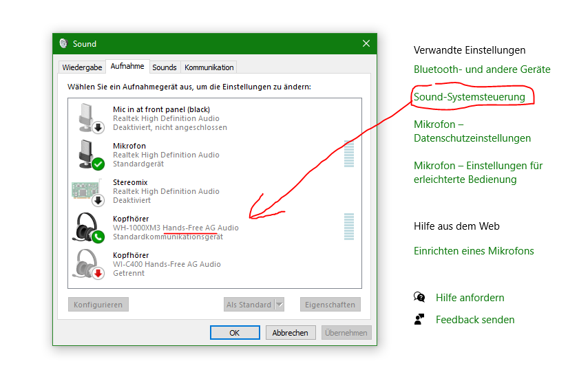 Soundeinstellungen -> Sound-Systemsteuerung -> Aufnahme