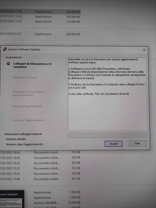 Risposta del System Software Updater dopo che ha provato invano a stabilire il collegamento